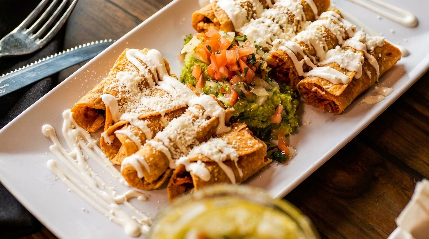 Crispy taquitos drizzled with crema and cheese, served with guacamole and pico de gallo.