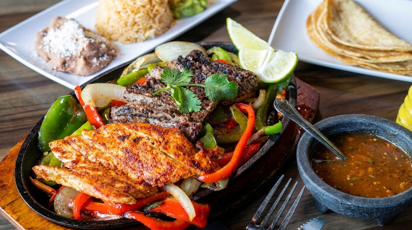 Sizzling fajitas with chicken and steak, bell peppers, onions, and a side of rice, beans, and tortillas.