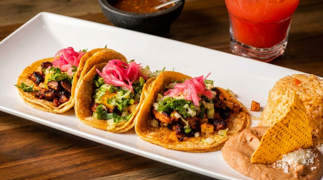 Three tacos with meat, cilantro, and pickled onions, served with rice, beans, and a drink.