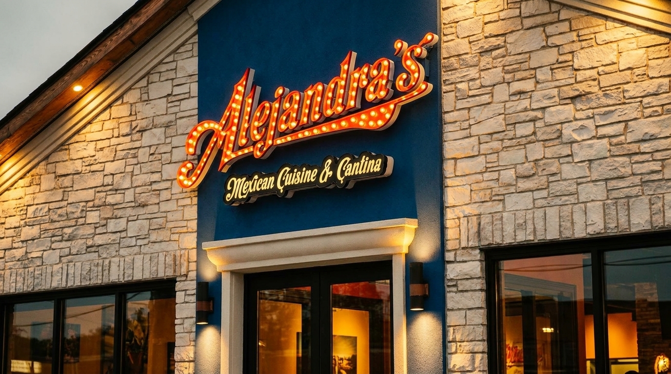 Alejandra's Mexican Cuisine & Cantina sign with illuminated letters on a stone and blue building.