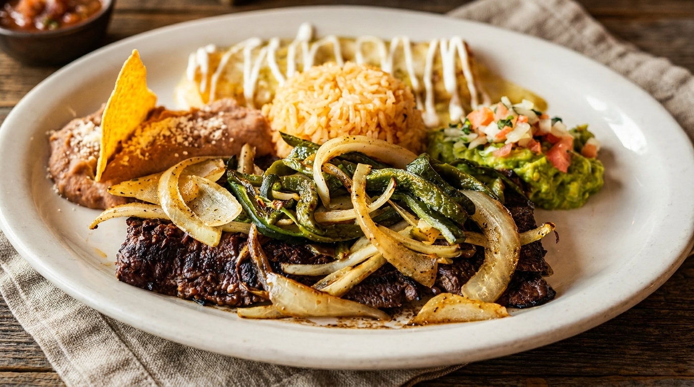 Grilled steak with onions and peppers, rice, refried beans, guacamole, and an enchilada.