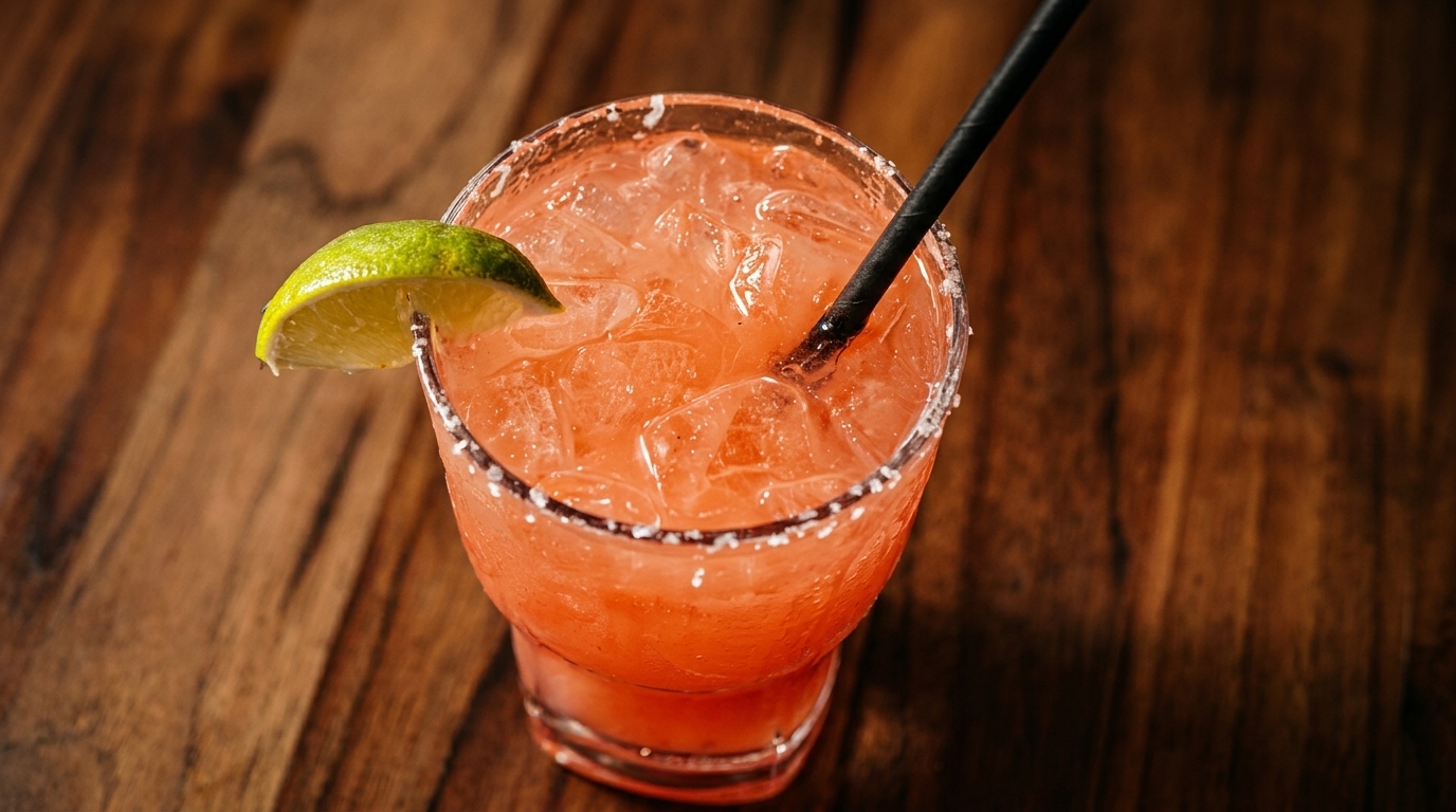 Pink margarita with ice, a lime wedge, and a black straw on a wooden table.