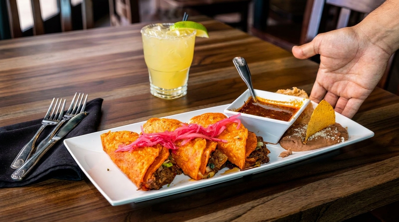 A hand serving a plate of birria tacos with pickled onions, refried beans, salsa, and a margarita.