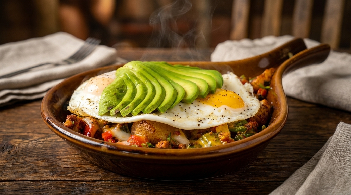 Steaming breakfast skillet with fried eggs, sliced avocado, and potatoes on a wooden table.
