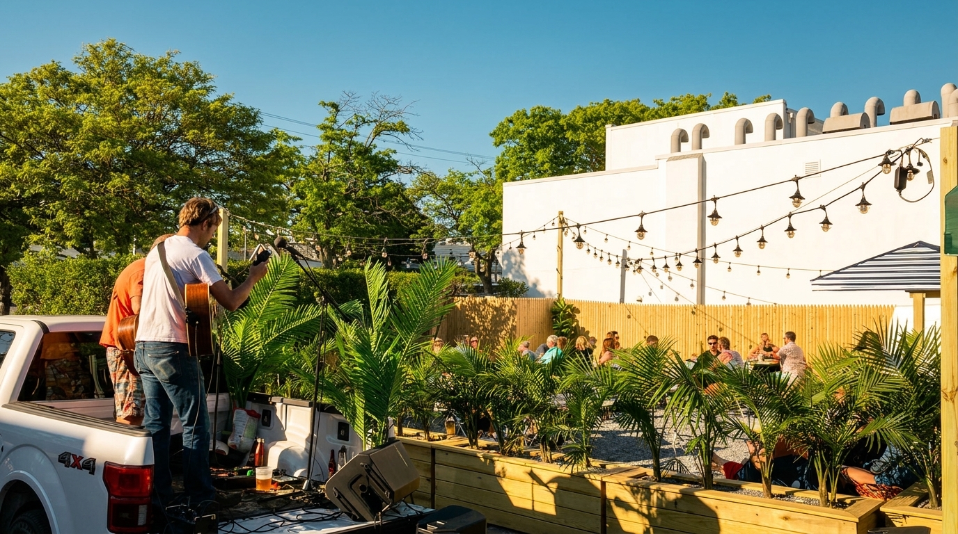 A musician plays guitar from a pickup truck bed for patrons dining on an outdoor patio.