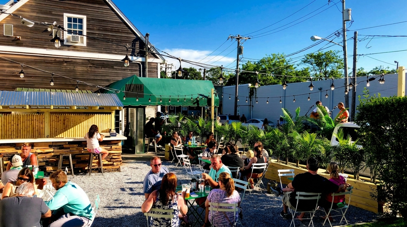 People enjoying drinks and live music on a sunny outdoor patio with string lights.