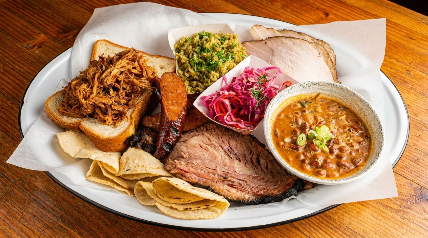 A large platter of barbecue meats including pulled pork, brisket, sausage, and turkey, with sides of beans, rice, and pickled cabbage.