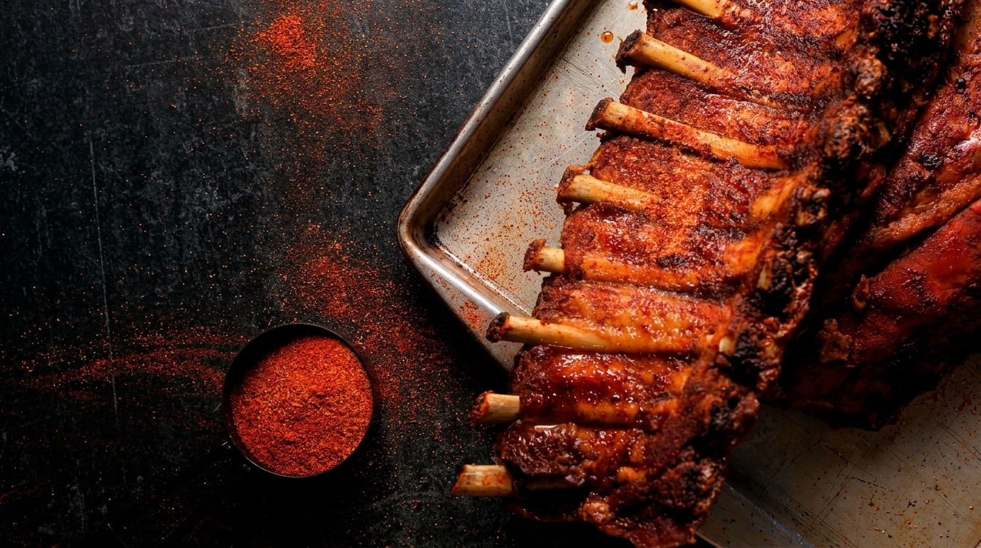 A rack of BBQ ribs on a baking sheet next to a bowl of red spice on a dark surface.