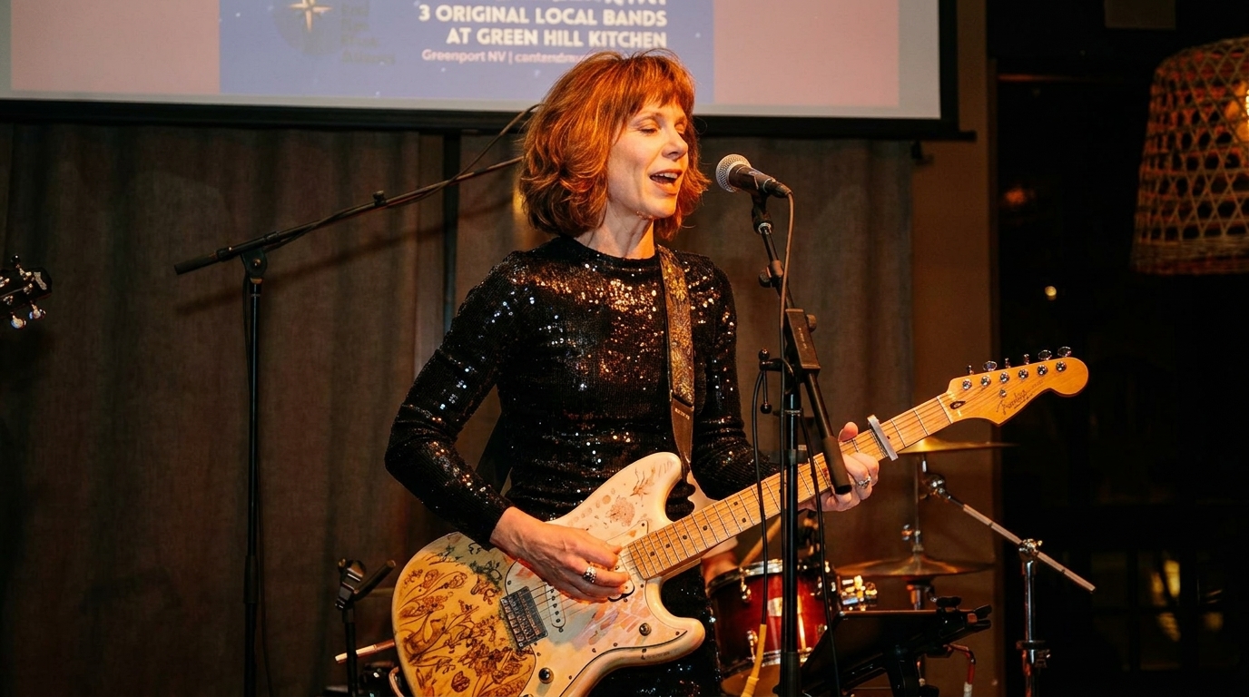 A woman in a sequined top sings and plays an ornate electric guitar on stage.