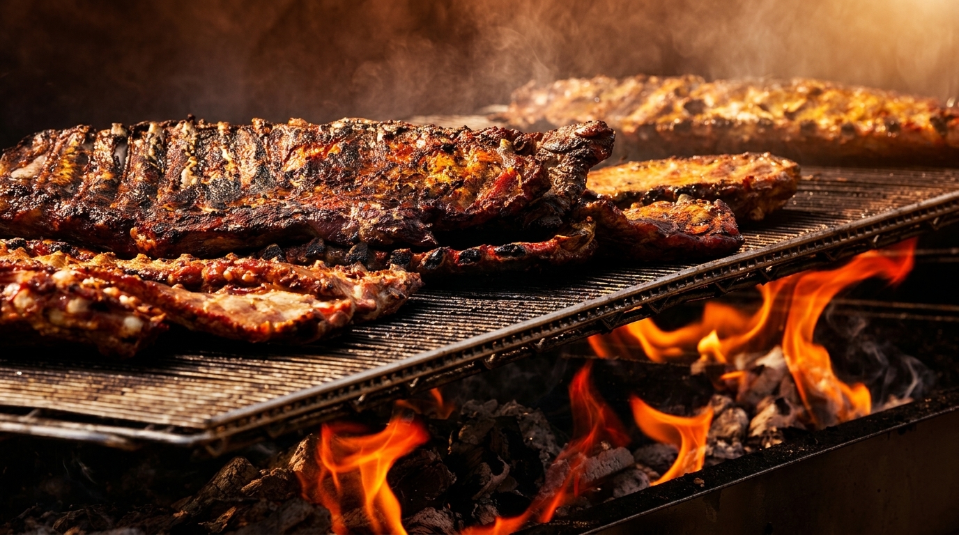 Smoky, charred ribs cooking on a grill over glowing embers and bright orange flames.