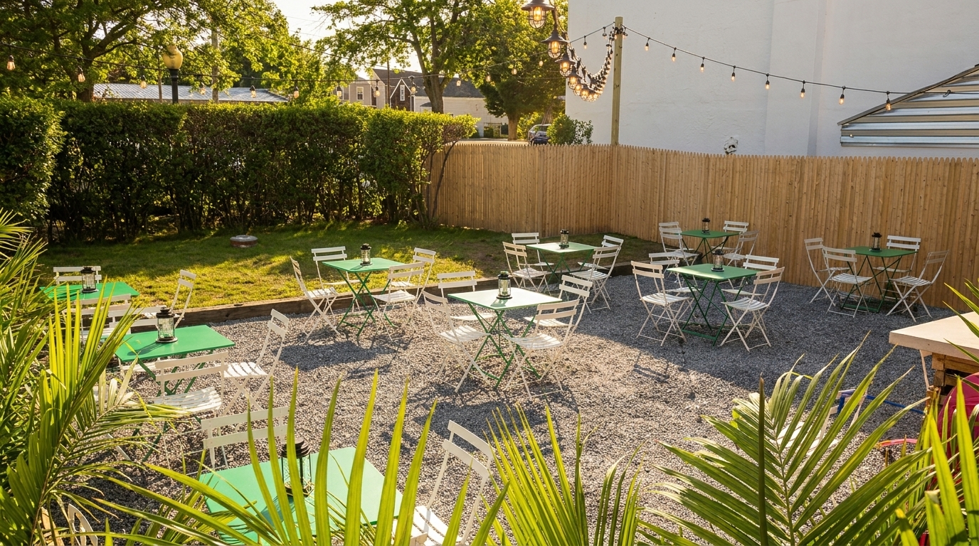 Outdoor restaurant patio with green tables, white chairs, string lights, and a wooden fence.