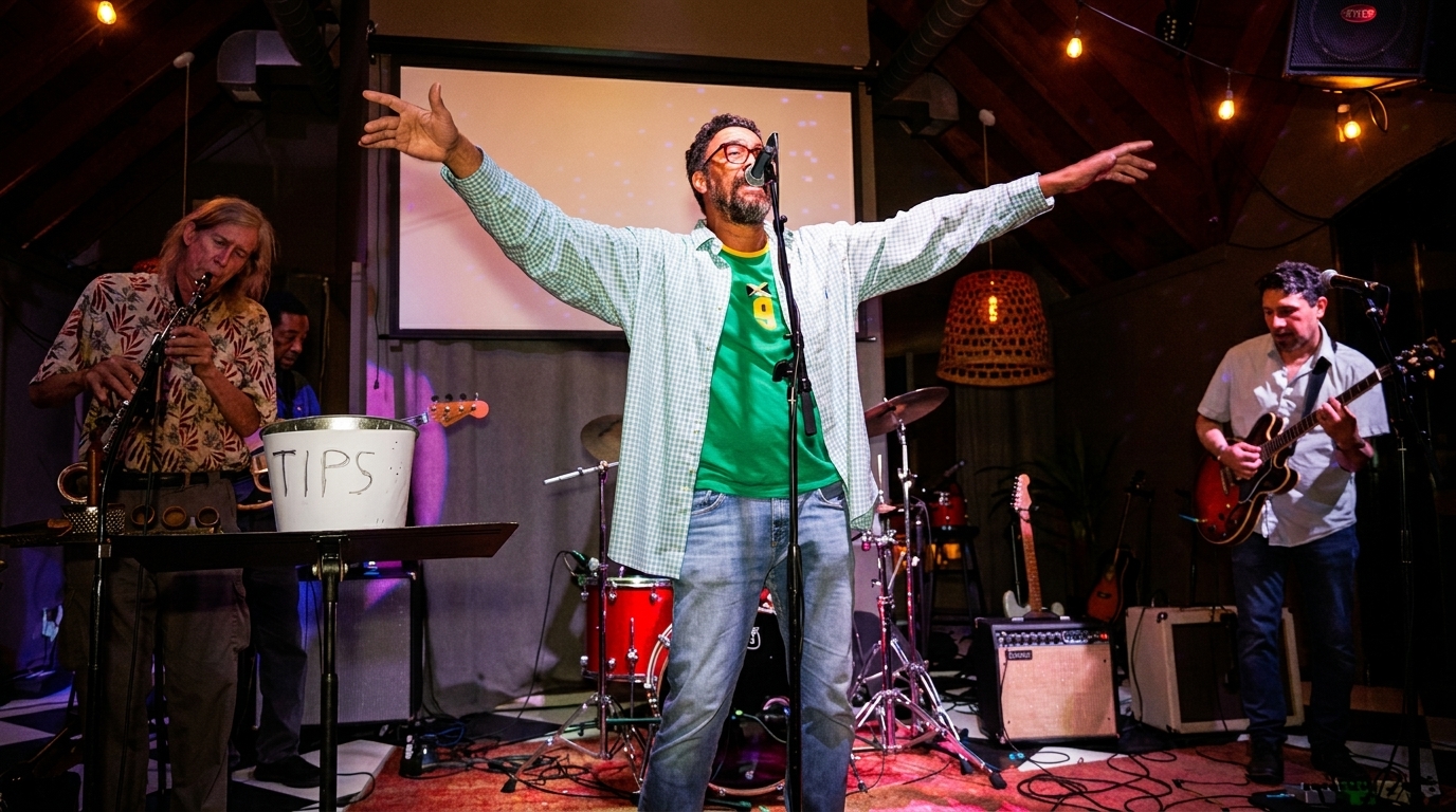 A band performs live on stage, with a singer, saxophonist, and guitarist.