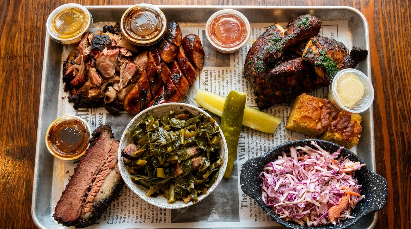 A metal tray with barbecue brisket, pulled pork, sausage, chicken, collard greens, coleslaw, cornbread, and pickles.