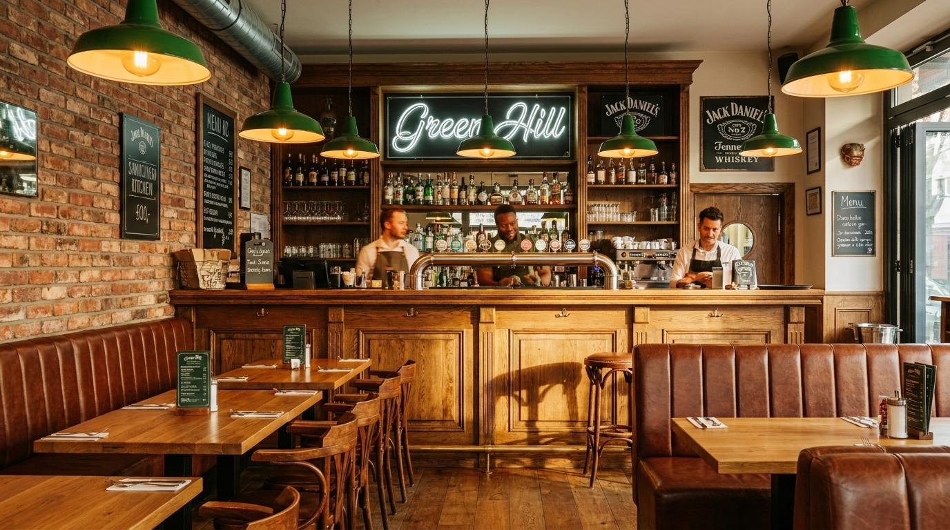 A cozy bar interior with brick walls, wooden tables, leather booths, and bartenders behind a well-stocked bar.