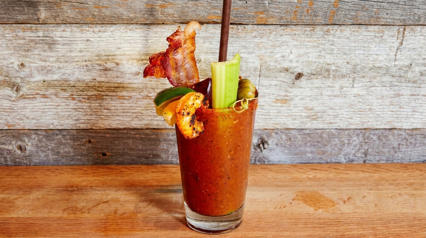 A Bloody Mary cocktail garnished with bacon, shrimp, celery, lime, and olives on a wooden table.