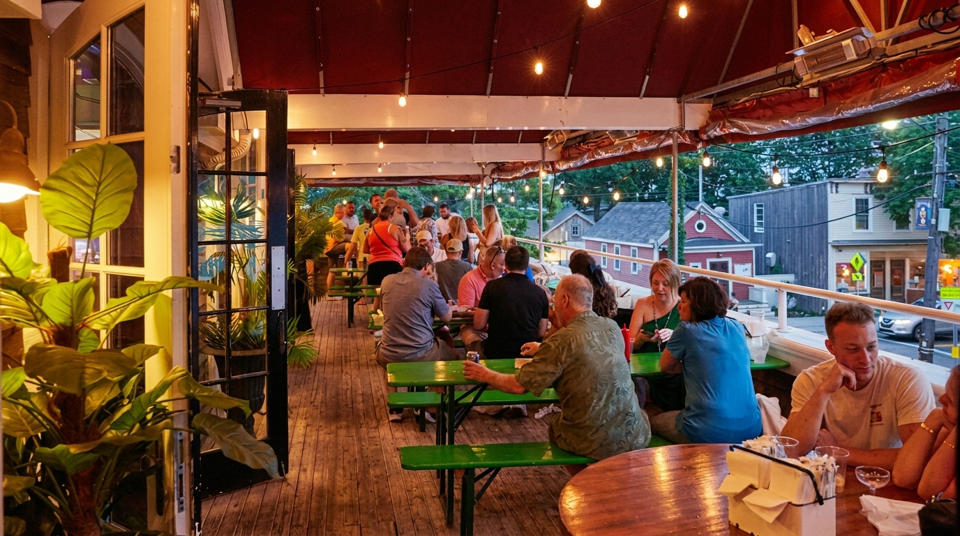 Patrons socialize on a lively outdoor patio with string lights and green picnic tables at dusk.