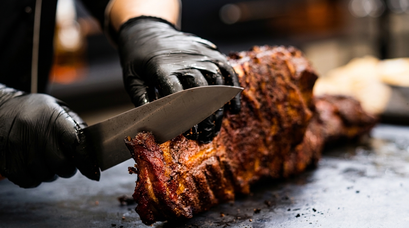 Gloved hands expertly slicing a large rack of barbecued ribs on a dark surface.