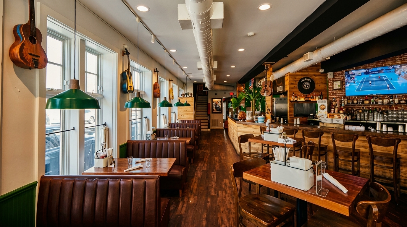 A long, narrow restaurant interior with booths, tables, a bar, and guitars decorating the walls.