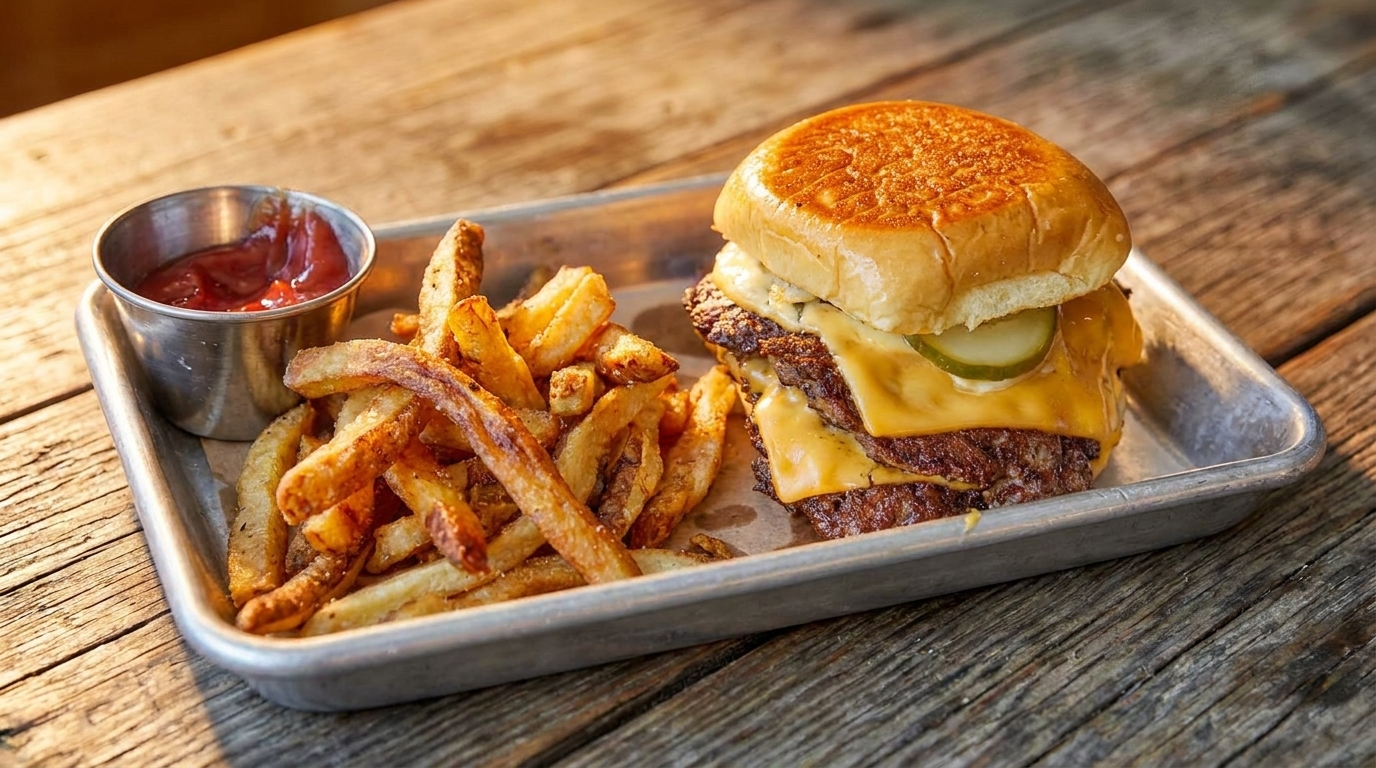 A double cheeseburger with pickles and a side of fries with ketchup on a metal tray.