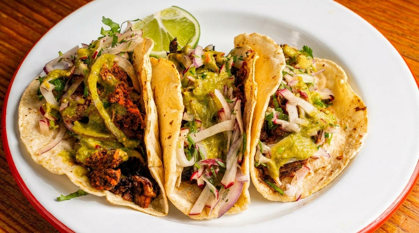 Three vibrant tacos with meat, guacamole, and fresh toppings on a white plate with a lime wedge.
