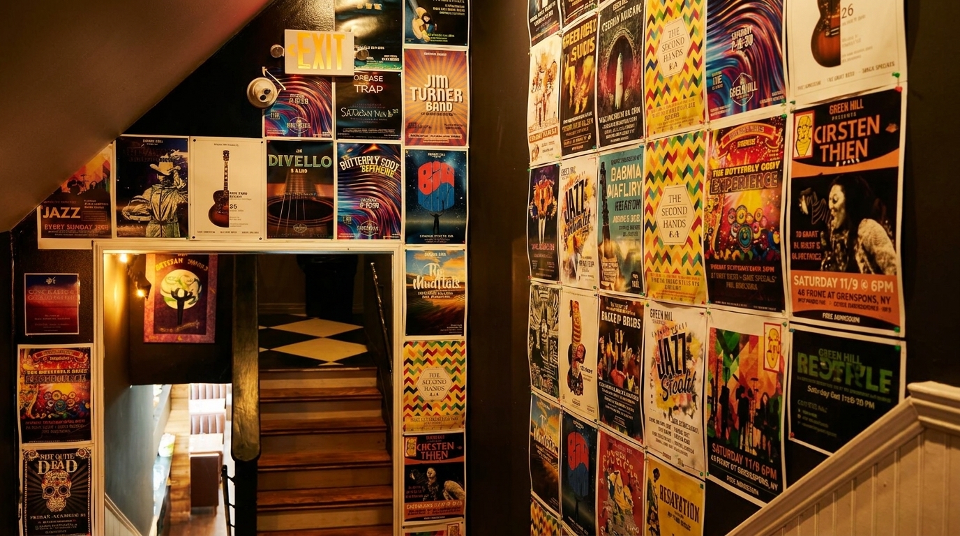 A wall covered in colorful music posters and event flyers, with a staircase leading down.