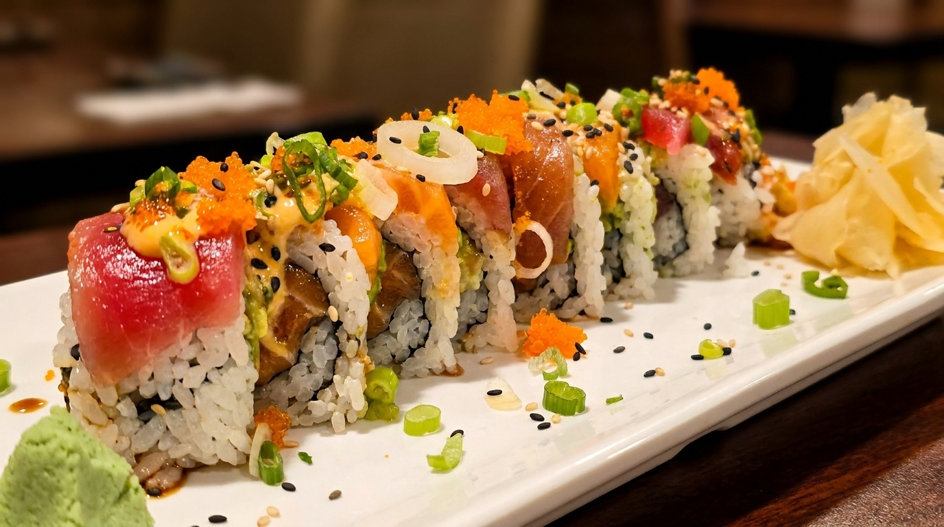 A long white plate holds a row of colorful sushi rolls, garnished with roe, sauce, and scallions.