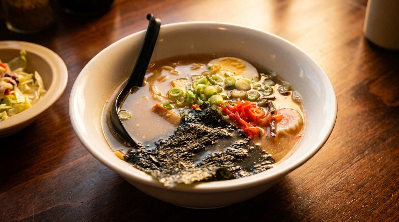 A bowl of ramen with egg, green onions, seaweed, and red ginger on a wooden table.