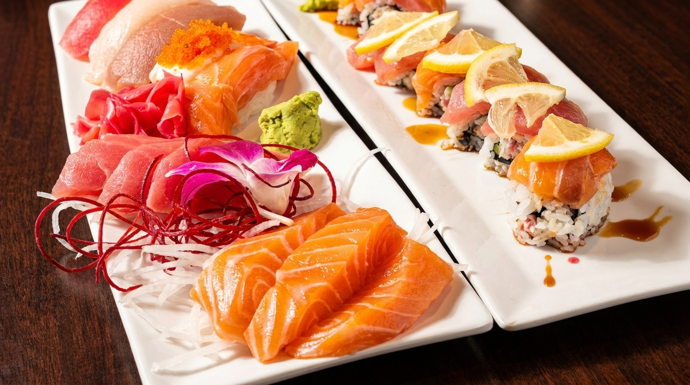 Two white platters filled with various sushi, sashimi, and rolls, garnished with lemon and orchids.