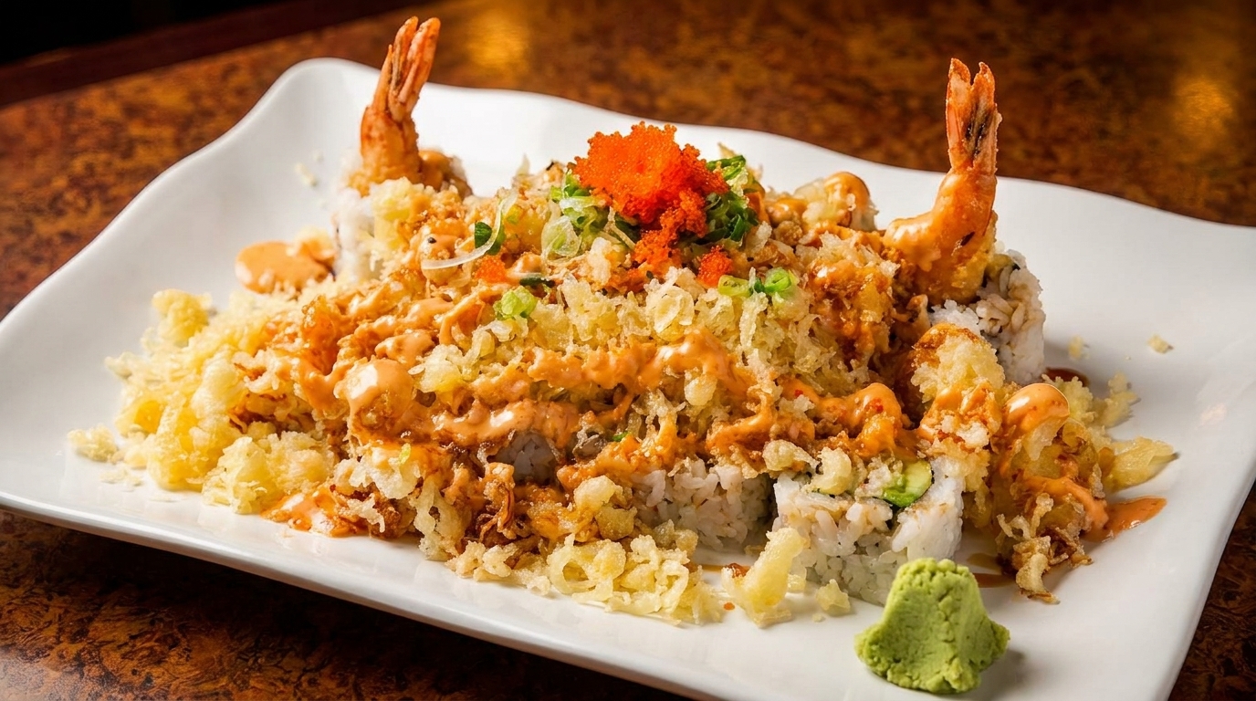 Sushi rolls topped with tempura flakes, orange sauce, roe, and green onions, with wasabi.
