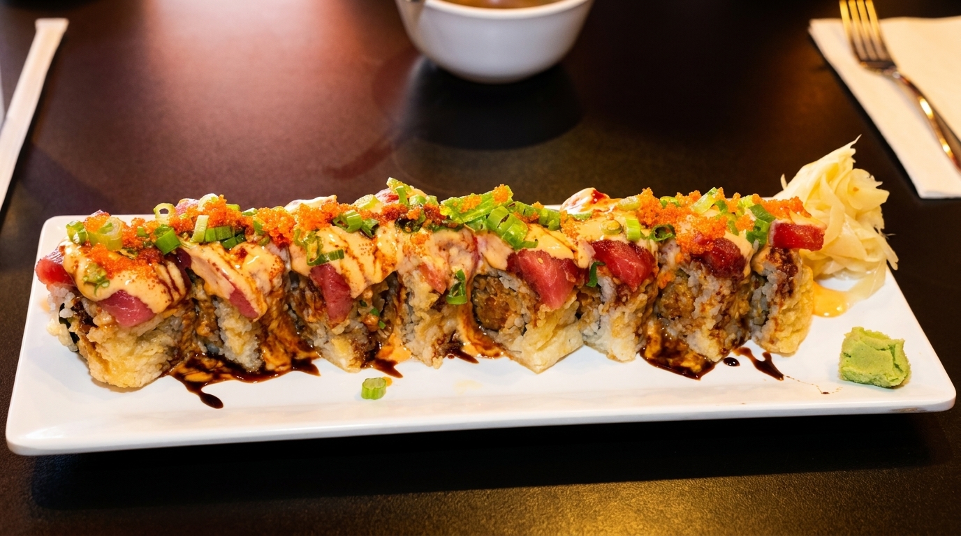 A long plate of sushi rolls topped with tuna, sauce, roe, and green onions, with ginger and wasabi.