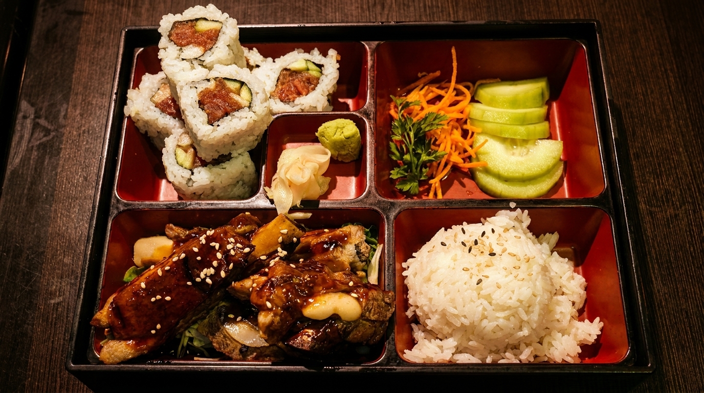 A bento box with sushi rolls, teriyaki chicken, white rice, and a side salad.