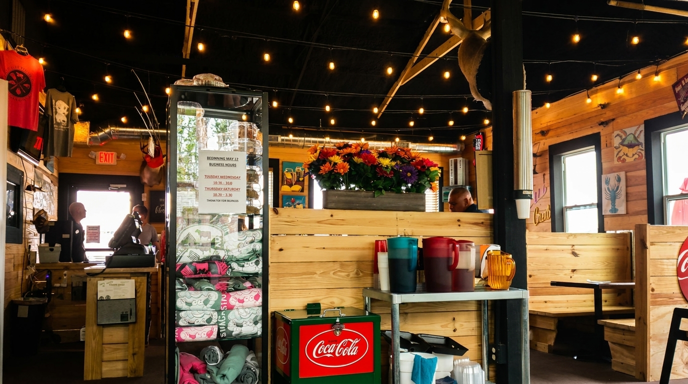 Restaurant interior with wooden walls, string lights, a Coca-Cola cooler, and a counter with staff.