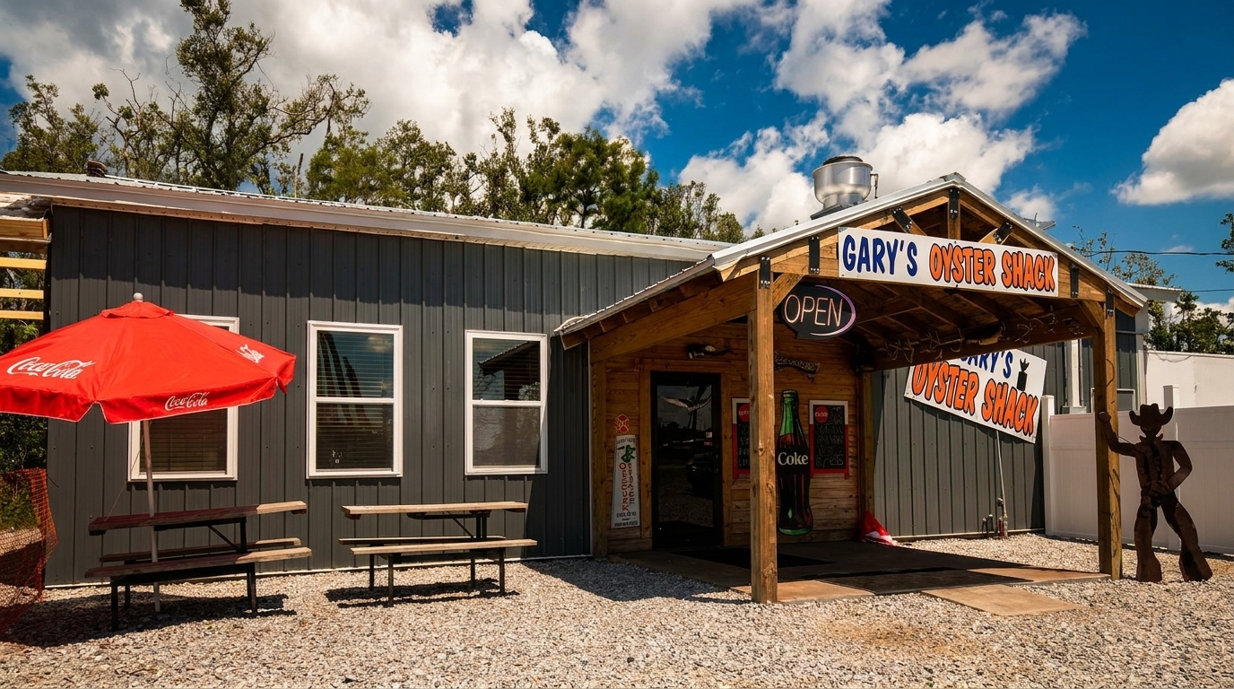 Gary's Oyster Shack exterior with a red Coca-Cola umbrella, picnic tables, and a cowboy statue.
