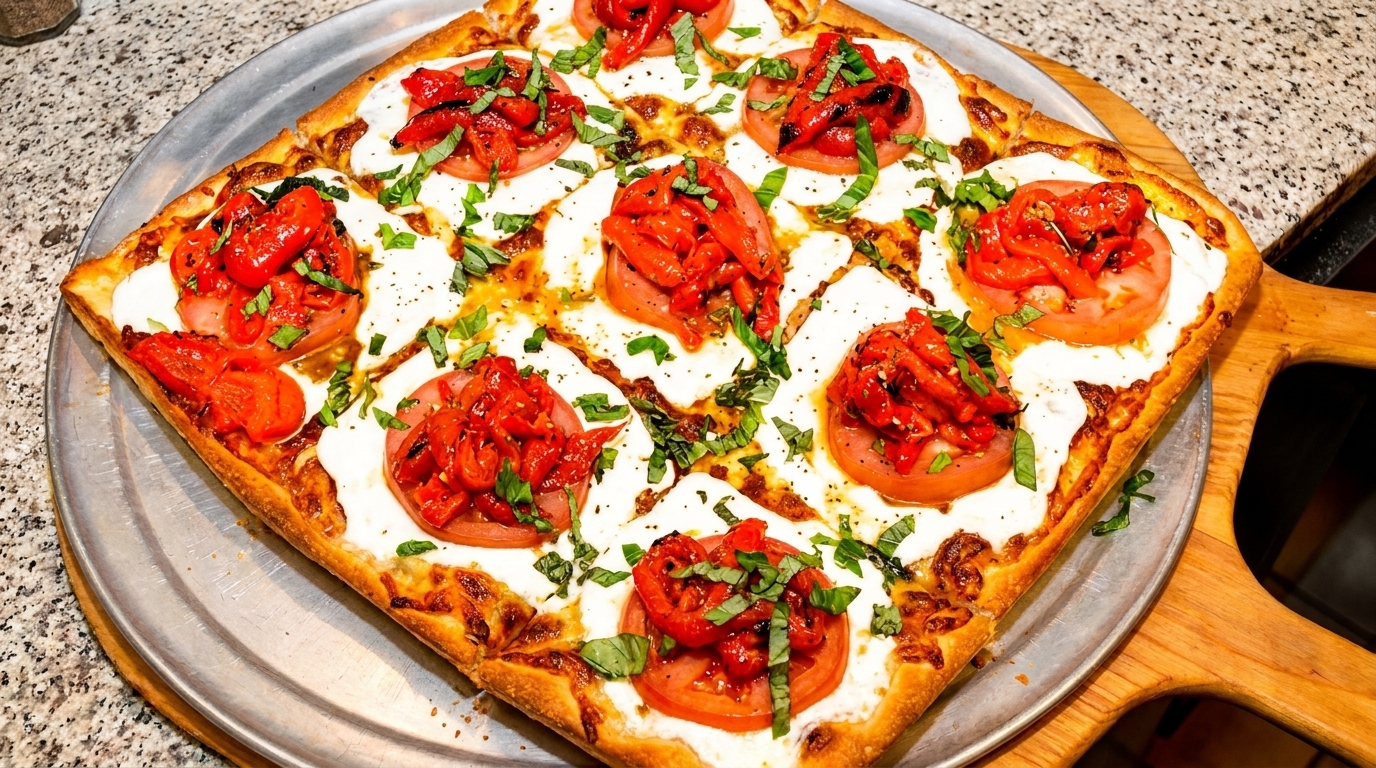Square pizza with fresh mozzarella, sliced tomatoes, roasted red peppers, and basil on a metal tray.
