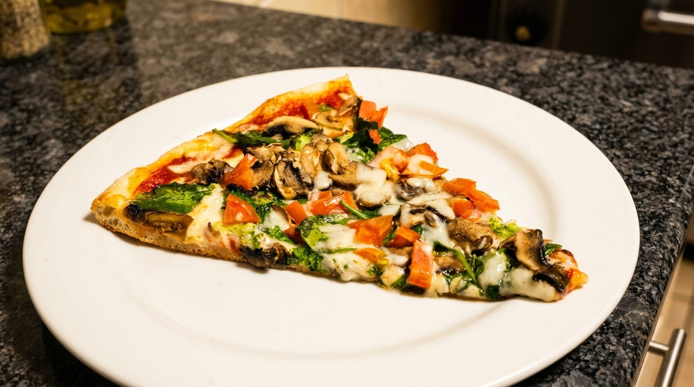 A slice of vegetarian pizza with mushrooms, spinach, tomatoes, and melted cheese on a white plate.