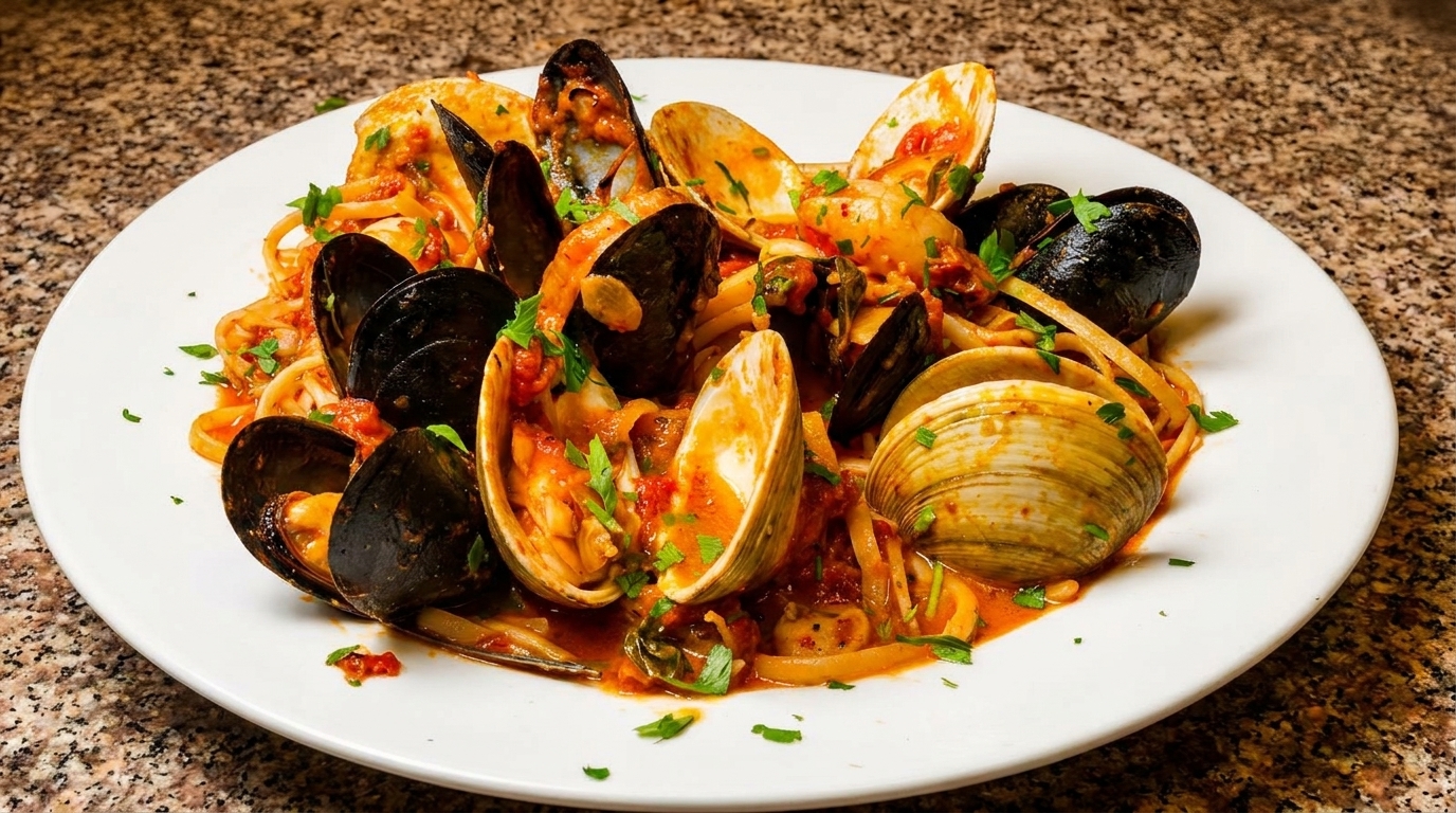Linguine pasta with mussels and clams in a rich tomato sauce, garnished with fresh parsley.