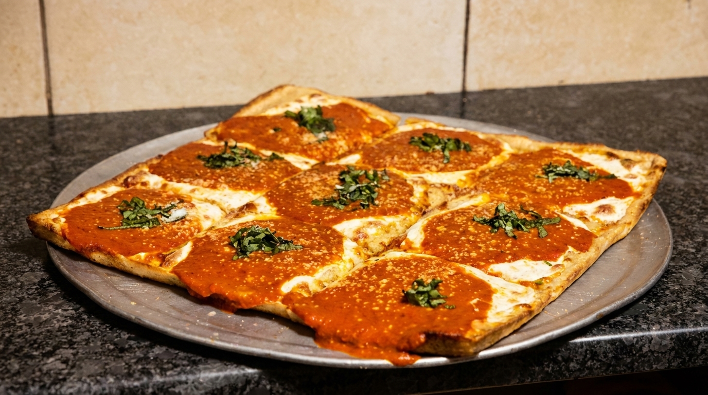 Square-cut pizza with red sauce, melted mozzarella, and fresh basil on a metal tray.