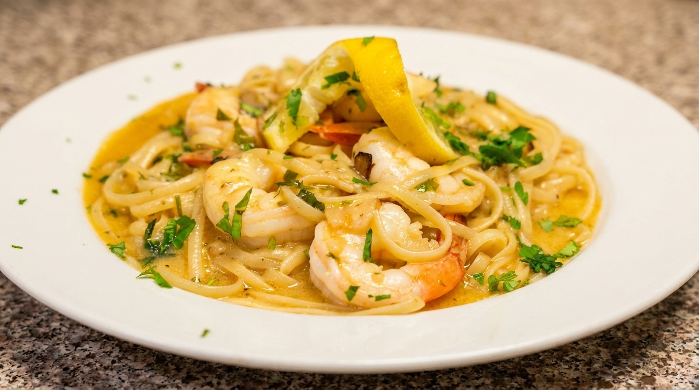Shrimp scampi with linguine pasta, lemon, and parsley in a white bowl on a granite counter.