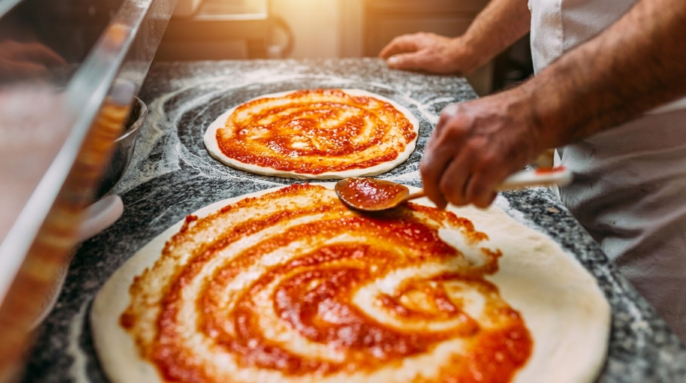 Chef spreading tomato sauce on two pizza doughs on a floured marble counter.