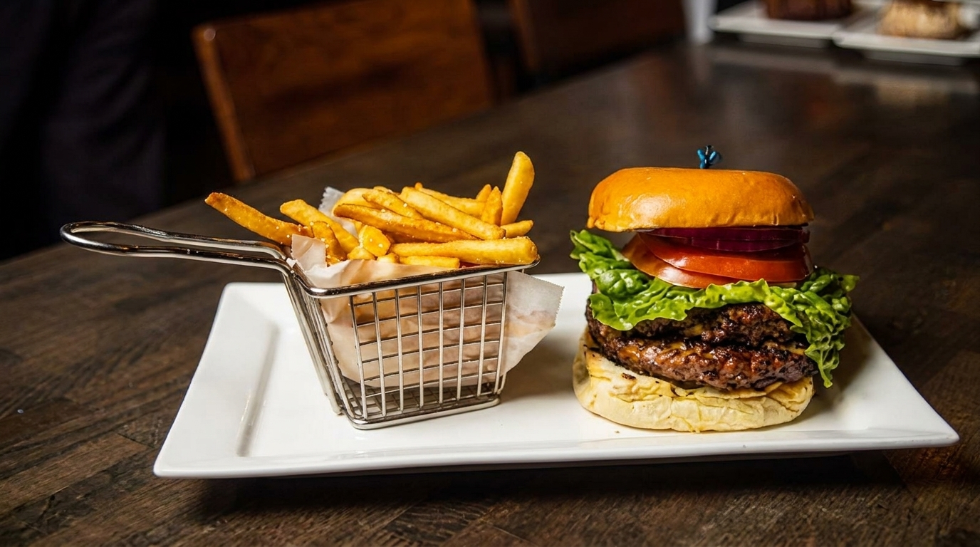 A juicy double cheeseburger with lettuce, tomato, and onion, served with a side of golden fries.