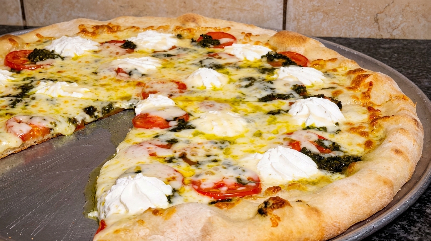 A freshly baked pizza with pesto, tomatoes, and dollops of ricotta cheese, with one slice removed.