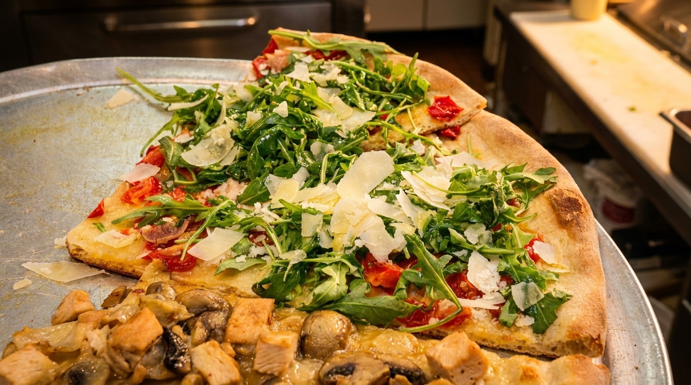 Two slices of pizza with arugula, tomatoes, and parmesan, next to chicken and mushrooms.