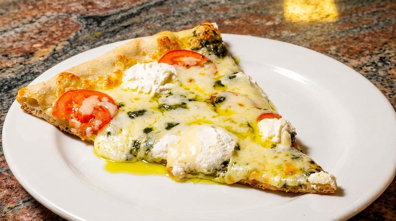 A slice of pizza with melted cheese, pesto, ricotta, and tomato on a white plate.