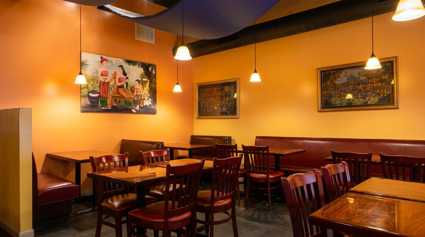 Restaurant interior with orange walls, framed artwork, dark wood tables, and red leather booths and chairs.