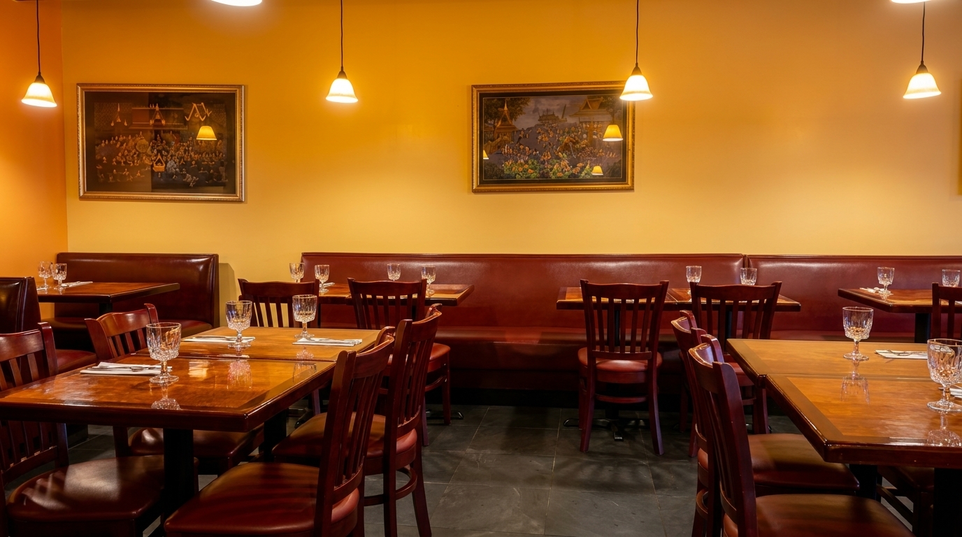 Empty restaurant dining room with wooden tables, red chairs, brown booths, and framed art on yellow walls.