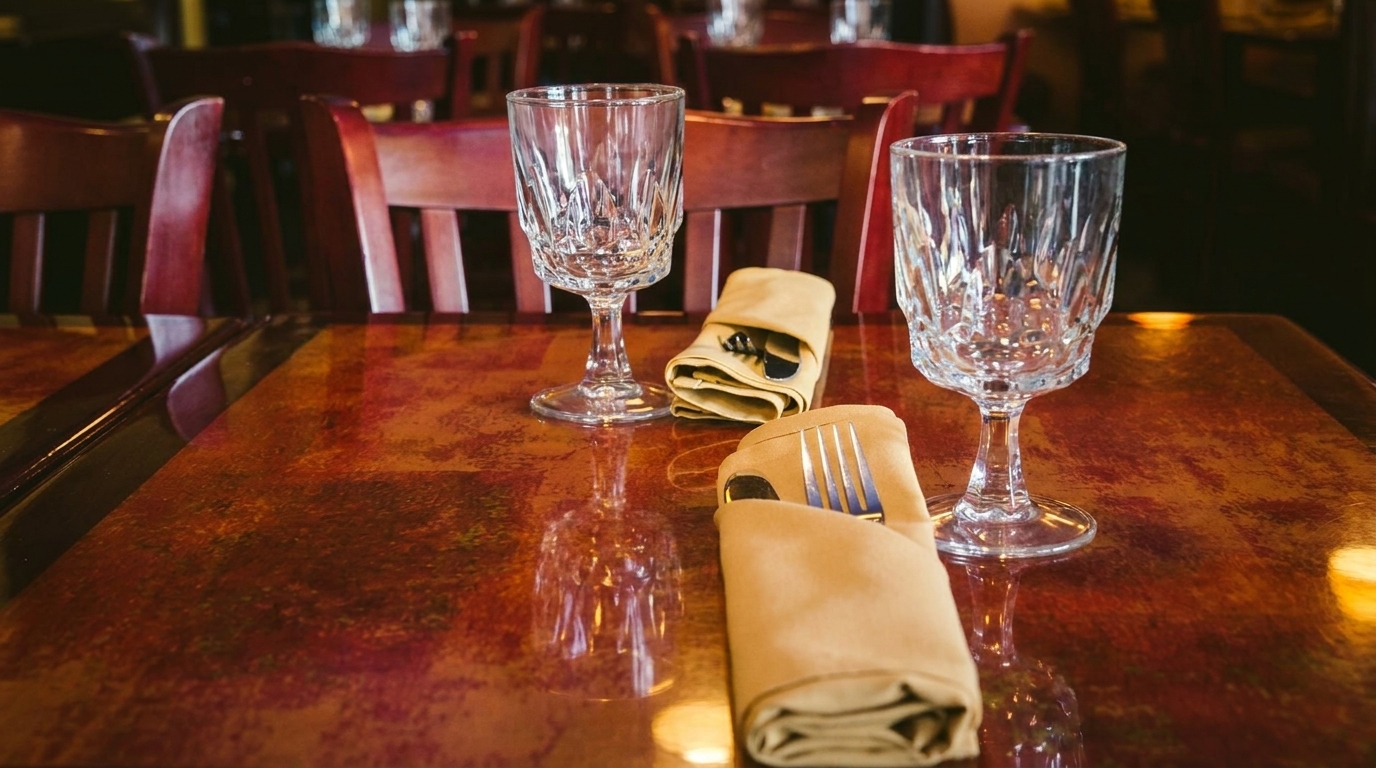 A set table with two crystal glasses and two beige cloth napkins with silverware on a wooden table.