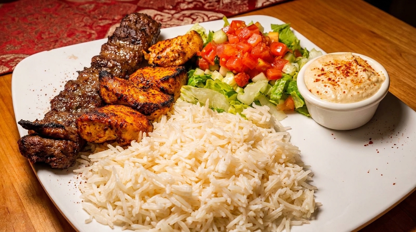 A plate of grilled chicken and beef kebabs, rice, salad, and hummus.