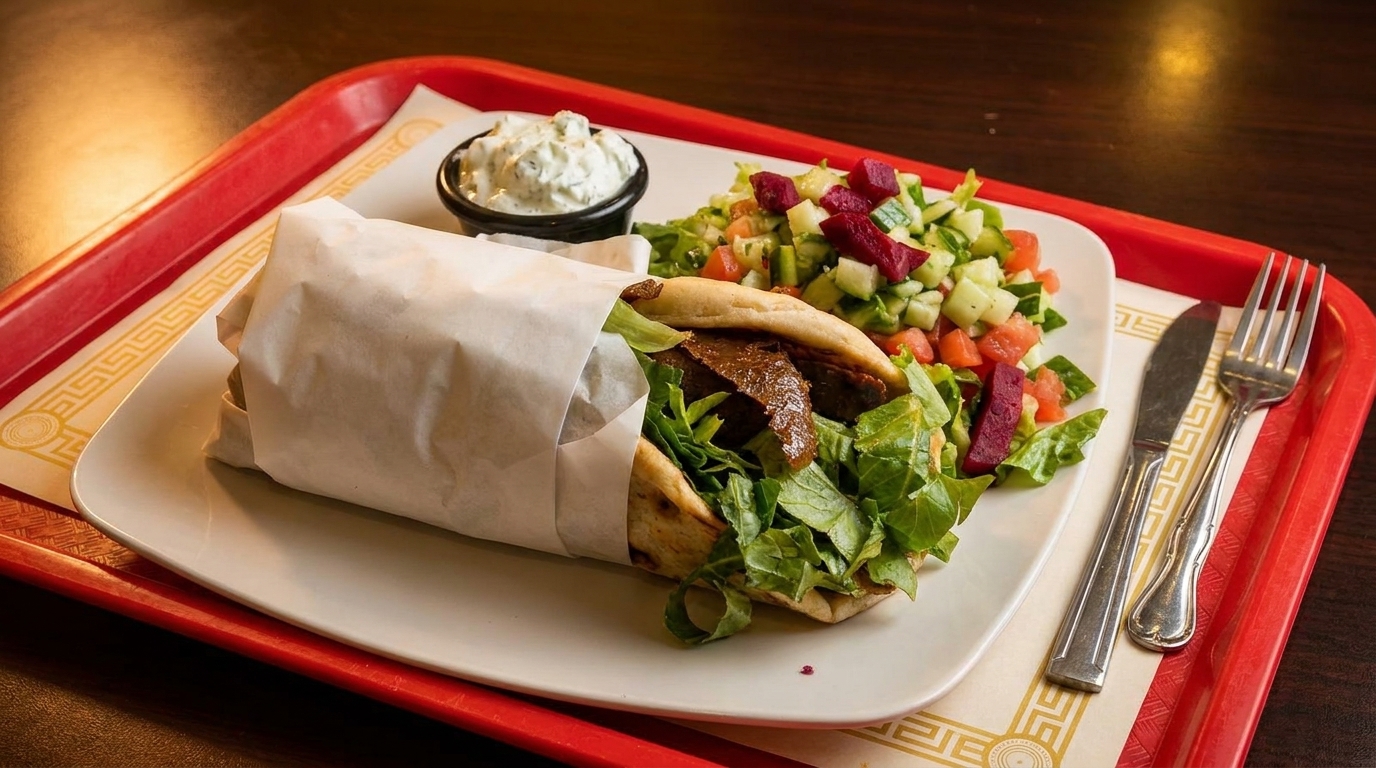 A gyro with meat and lettuce, a side salad, and tzatziki sauce on a white plate.