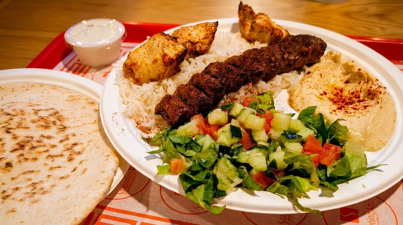 A platter with chicken and beef kebabs, rice, hummus, salad, and pita bread.