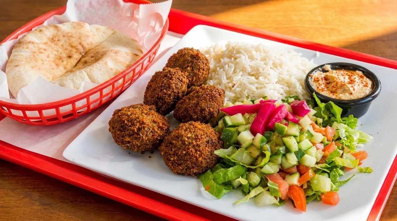 A falafel platter with rice, salad, hummus, and pita bread on a white plate and red tray.